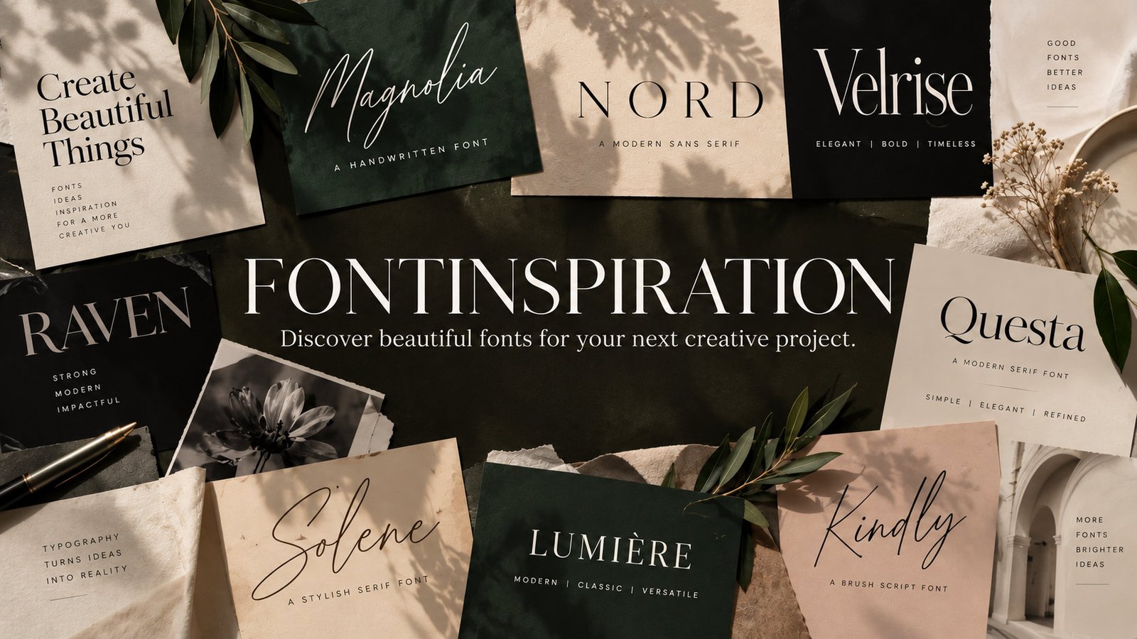FontInspiration homepage hero banner with elegant serif and script font previews