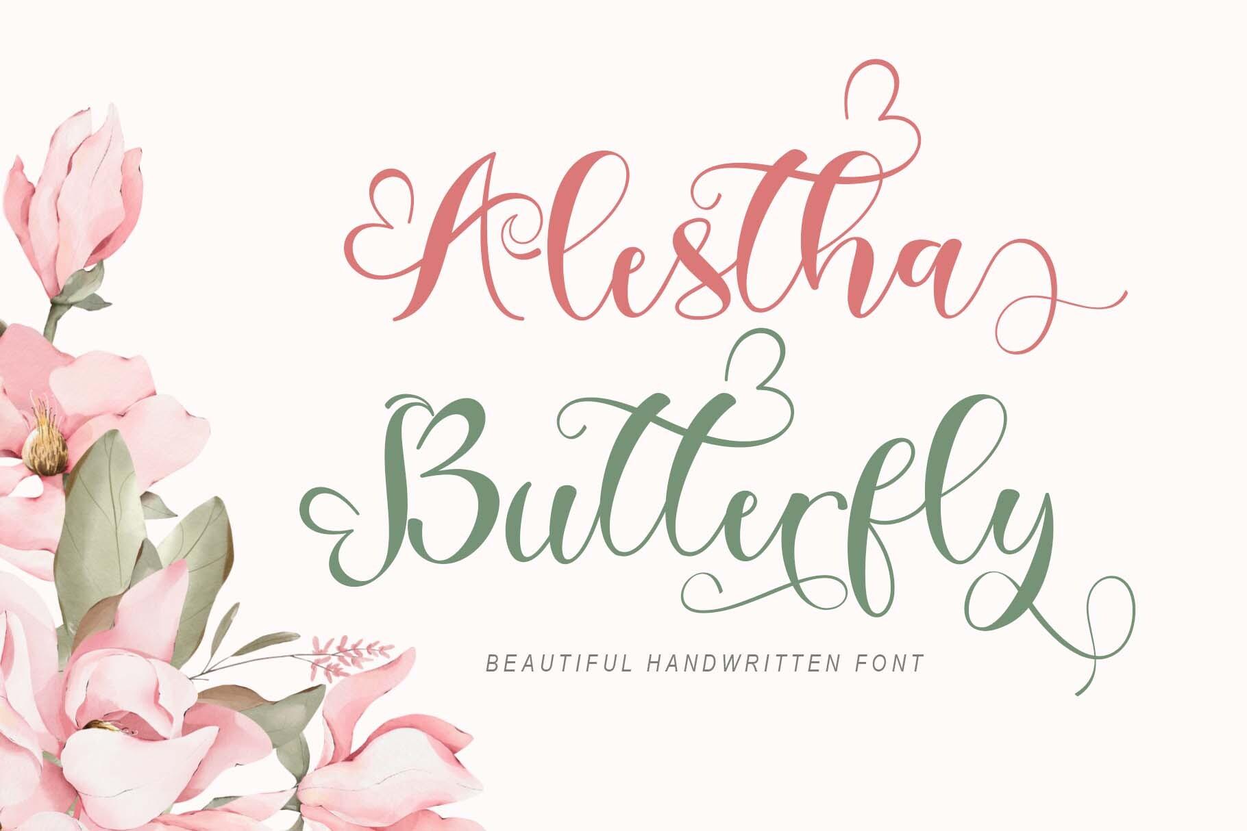 Alestha Butterfly Font by yogaletter6, bouncy script with curly loops in pink and green font preview
