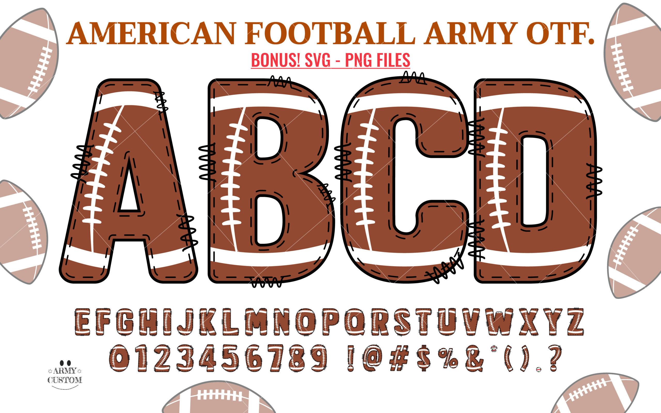 American Football Font by Army Custom, brown leather-textured letters with white laces and football icons around them