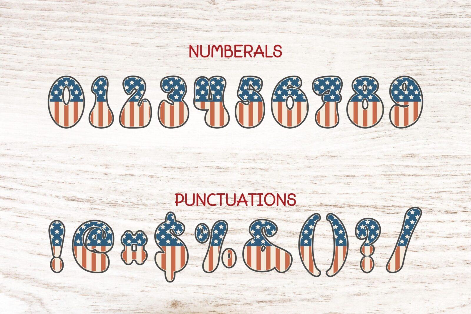 Americana Vintage Font by Adalin Digital, stars and stripes color font numerals font preview