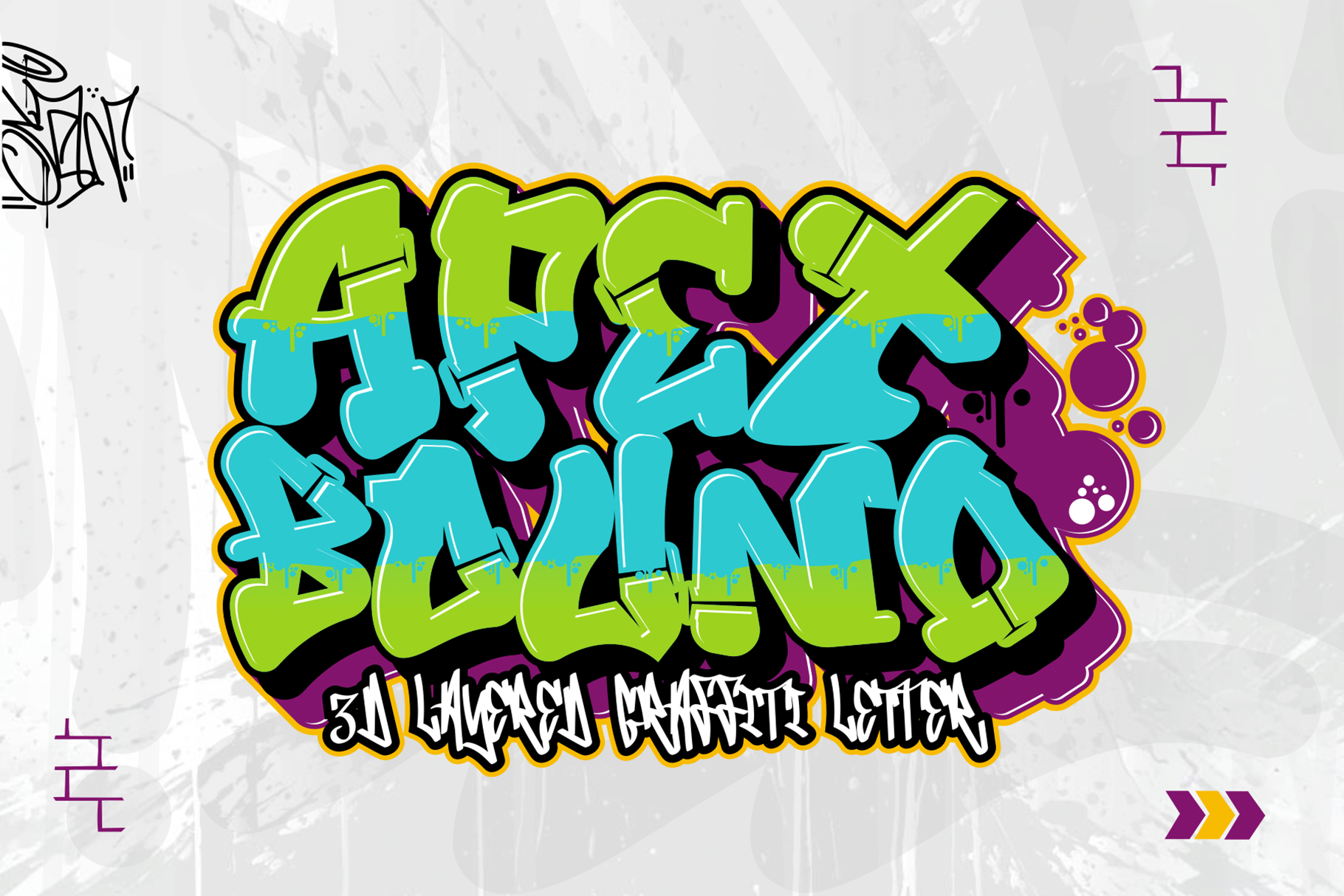 Apex Bound Font by sipanji figuree, blocky layered graffiti letters in green and blue font preview