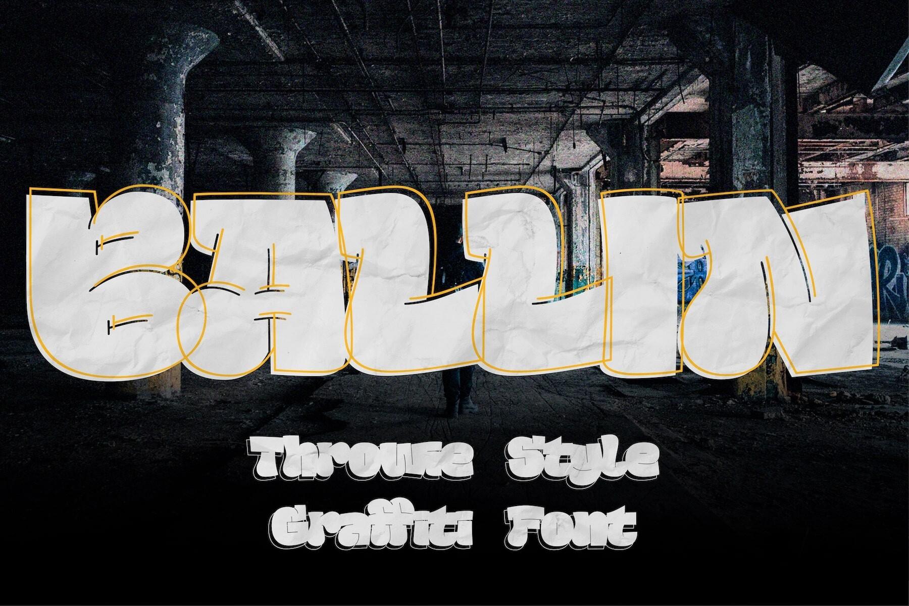 Ballin Font by Surplus Type Co., silver throw-up graffiti letters font preview