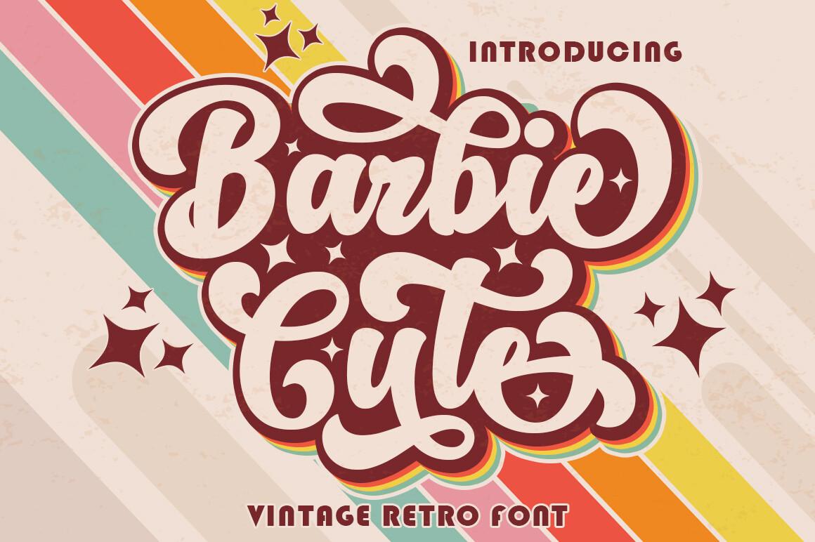 Barbie Cute Font by Kama Studio, swirly retro script in maroon and cream font preview