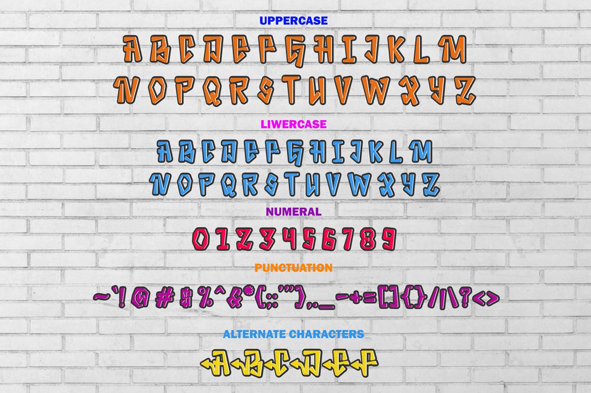Barshek Font by Letter Muray, colorful graffiti character map with numerals on brick font preview