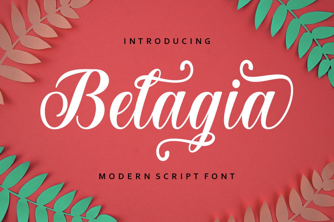 Belagia Font by Nk Studio, modern script with curled capitals in white on red font preview