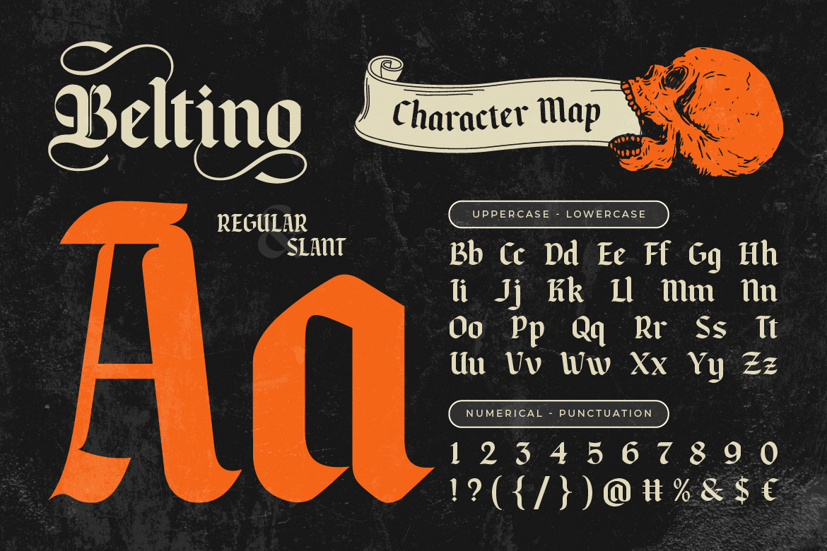 Beltino Font by Artisan Themes, swash blackletter character map with numerals in orange and cream font preview