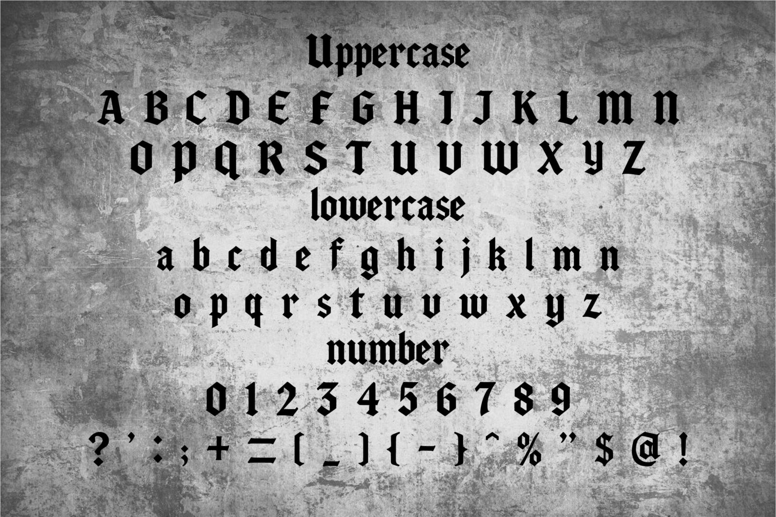 Blackrend Font by Craft Artist, blackletter character sheet with 0-9 numbers font preview