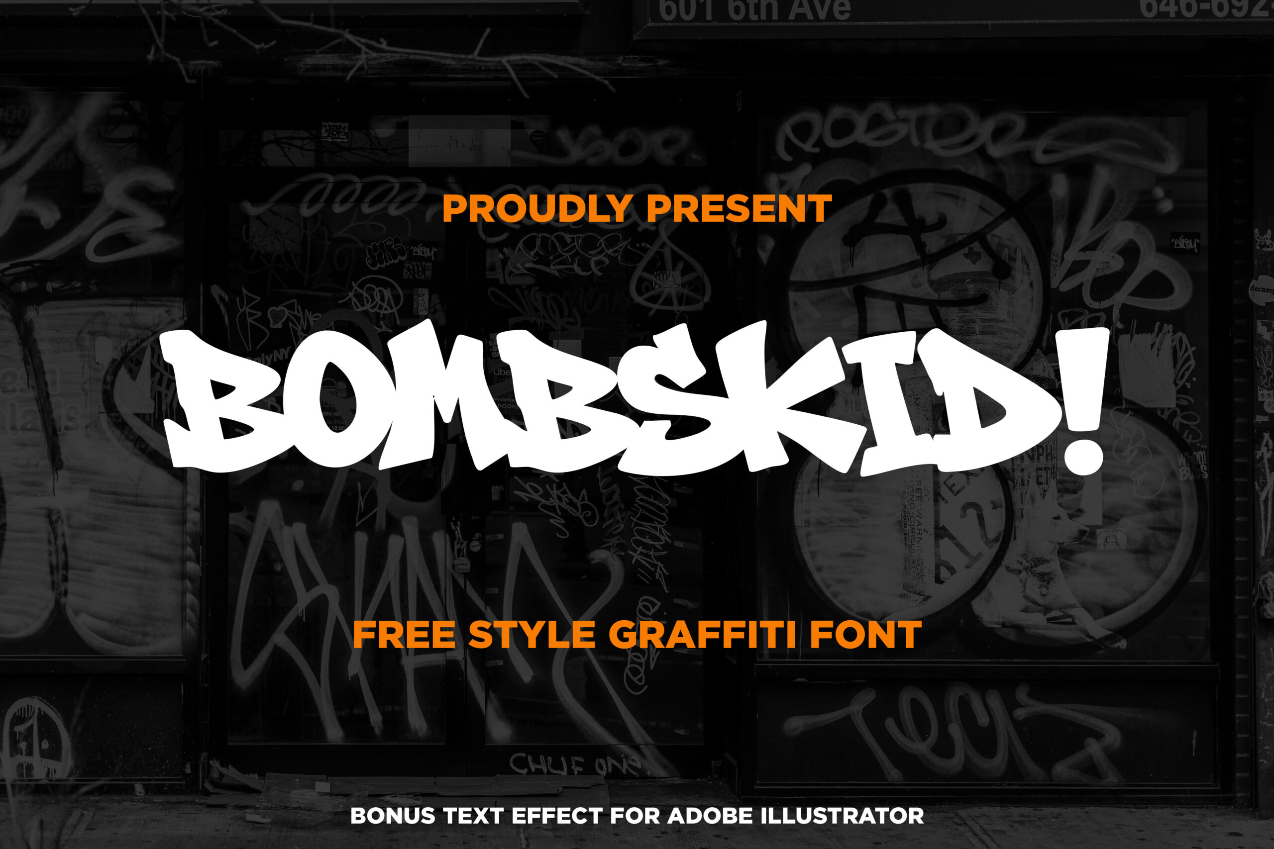 Bombskid Font by memetxsaputra, extra-thick white graffiti letters on a dark wall font preview