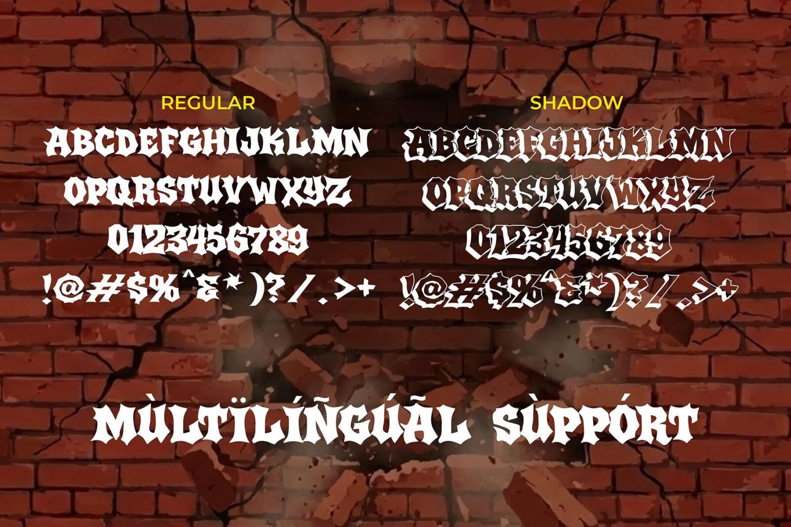 Brick Howl Font by Cikareotype, layered graffiti font regular and shadow with numbers font preview