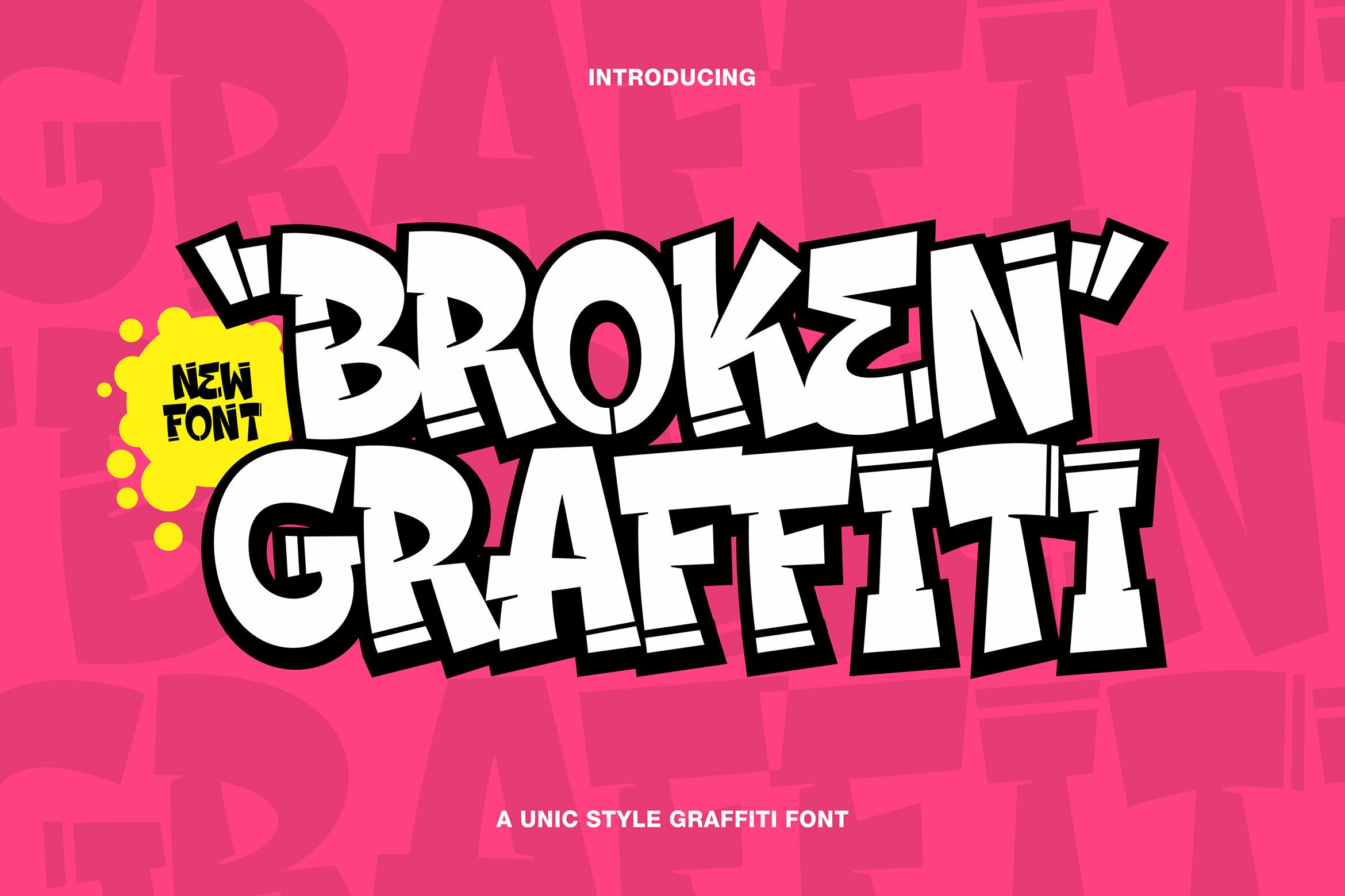 Broken Graffiti Font by Rvq Type Foundry, bold white graffiti letters with a black outline on pink font preview