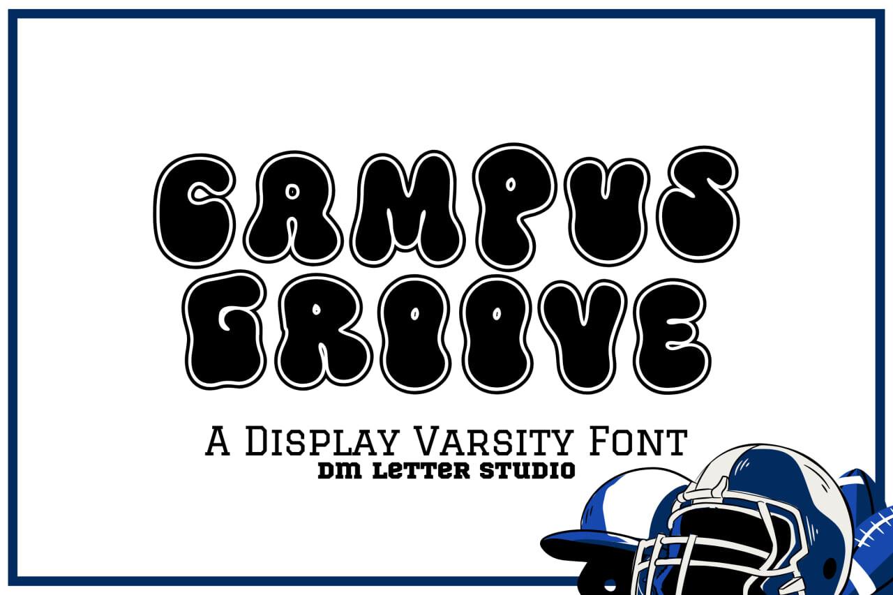 Campus Groove Font by Sharon (DmStudio), puffy rounded black varsity letters with a football helmet illustration