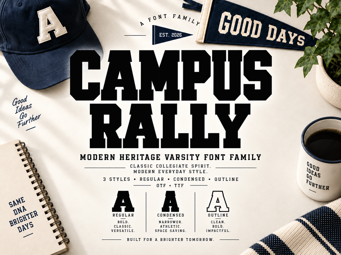 Campus Rally Font by Marty Letter Studio, Campus Rally Font family in Regular, Condensed and Outline styles