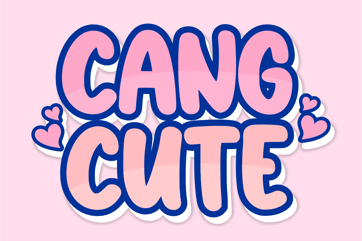 Cang Cute Font by TaralArt, pink bubble letters with a blue outline and hearts font preview