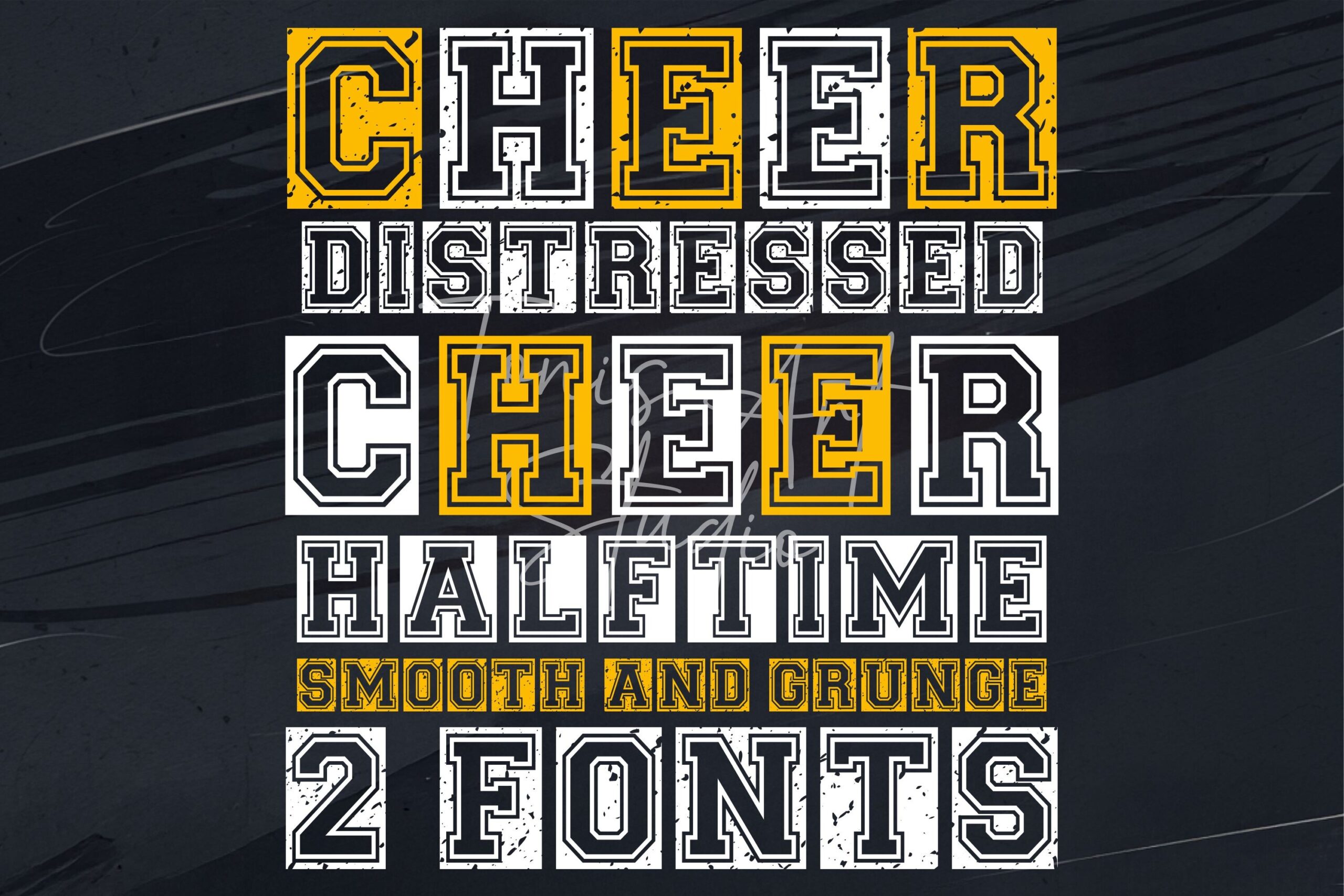 Cheer Font by TonisArtStudio, Cheer Distressed and Cheer Halftime, stacked varsity letters in grunge and smooth versions