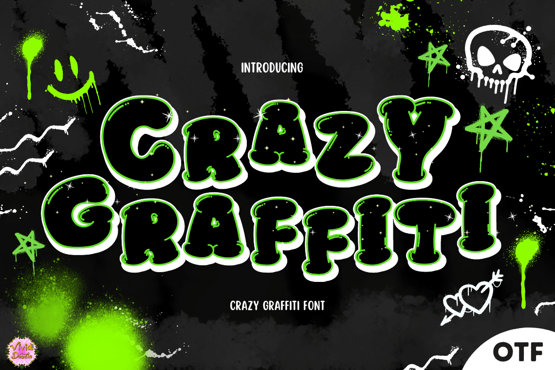 Crazy Graffiti Font by VividDoodle, green outlined bubble graffiti letters with spray dots font preview