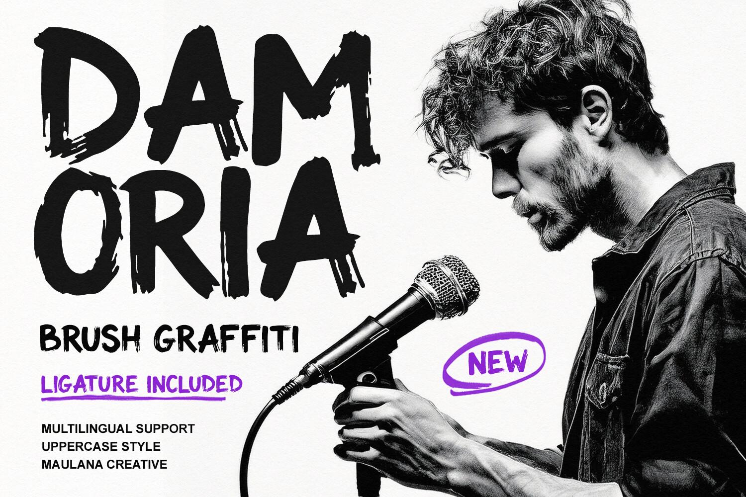 Damoria Font by Maulana Creative, condensed black brush graffiti capitals font preview