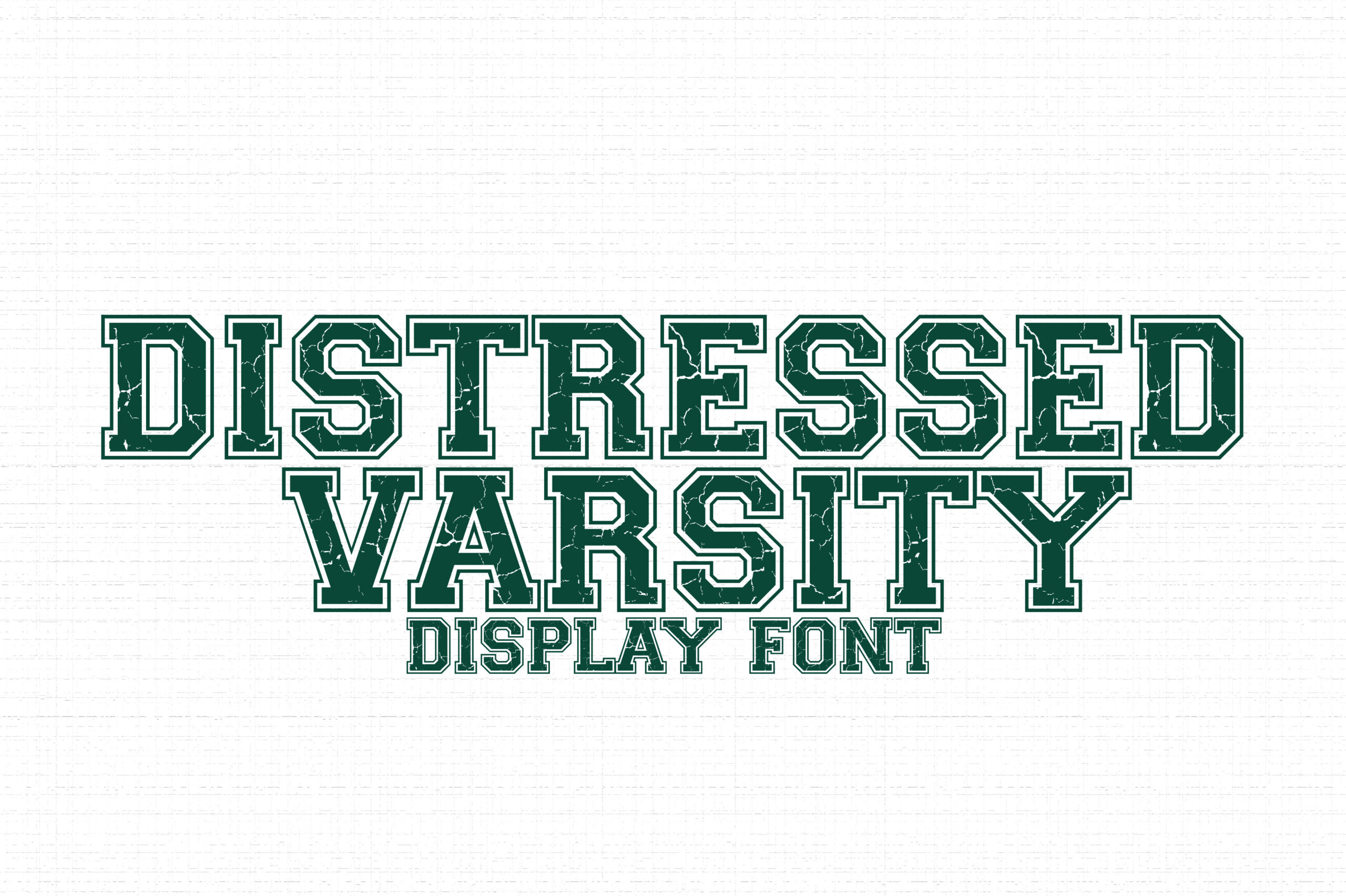 Distressed Varsity Font by AvocadoSVG, dark green slab capitals with a double outline and worn texture on white