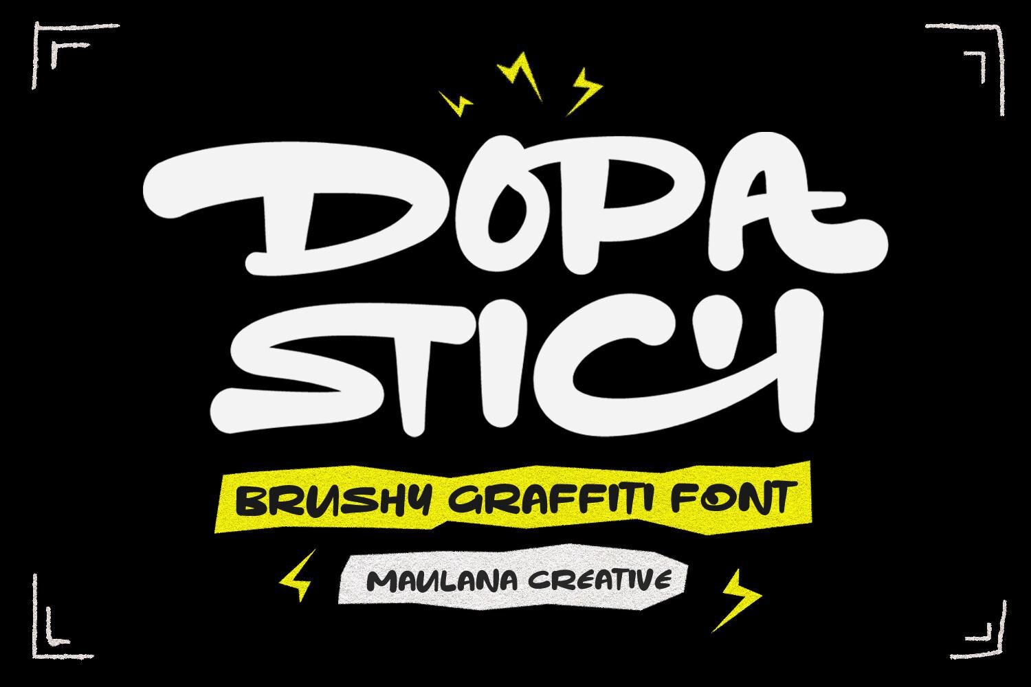 Dopa Stich Font by Maulana Creative, thick white brushy graffiti lettering on black font preview