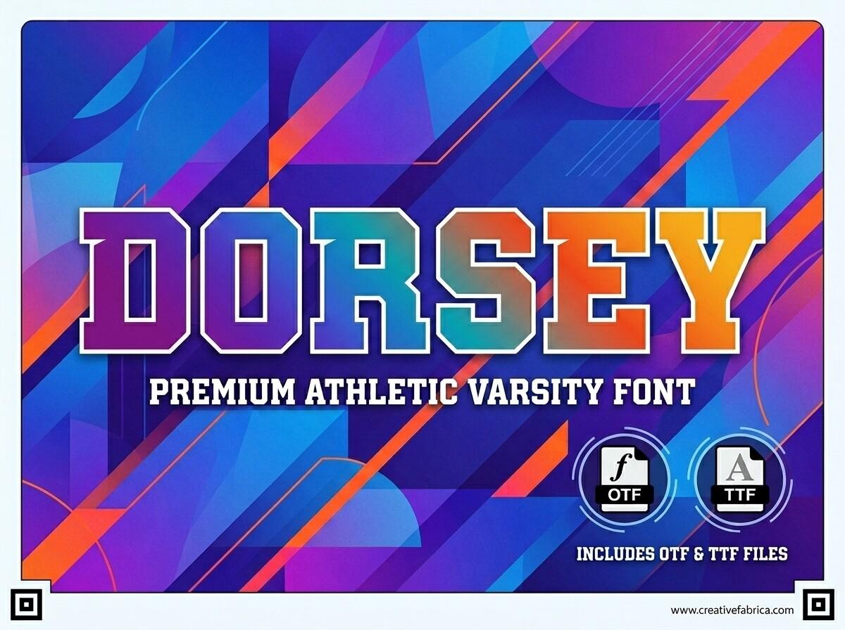 Dorsey Font by clipartguru, horizontally expanded blocky varsity capitals with corner cuts and inner inline tracks