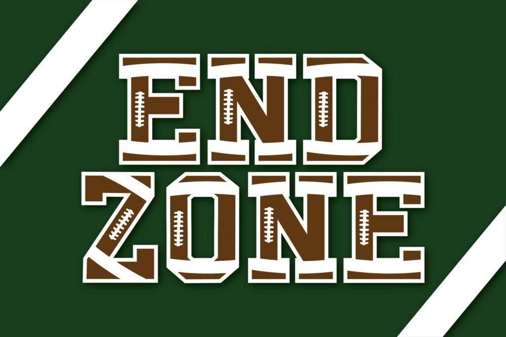 End Zone Font by kitaleigh, brown capitals with football lace details on a green field with white diagonal stripes