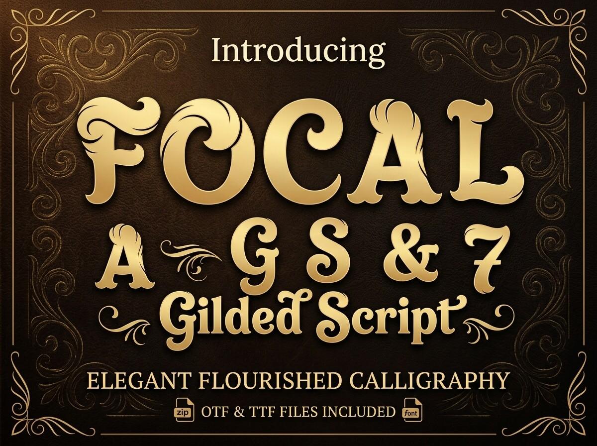 Focal Font by greenvill, gilded calligraphy font preview