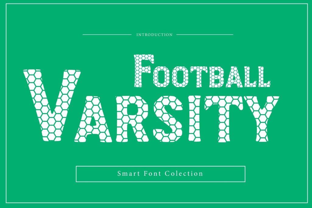 Football Varsity Font by Wow Magic, white blocky letters filled with a honeycomb mesh pattern on mint green