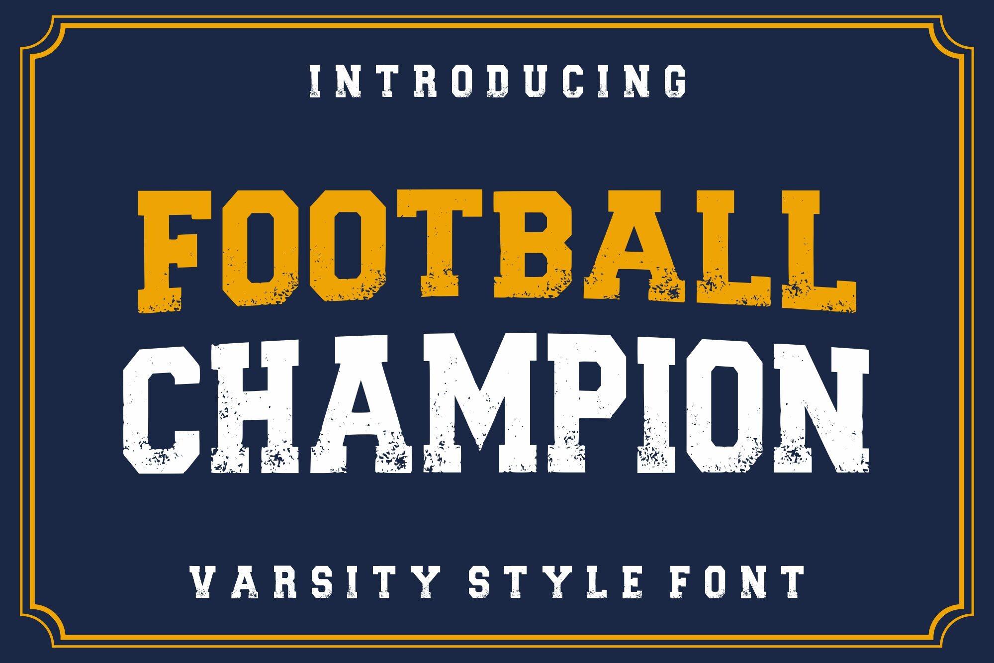 Football Champion Font by riki.studio, FOOTBALL in gold and CHAMPION in white on a navy panel