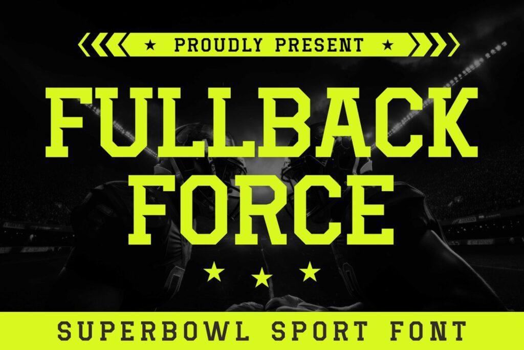 Fullback Force Font by putracetol, neon lime angular capitals on a black background
