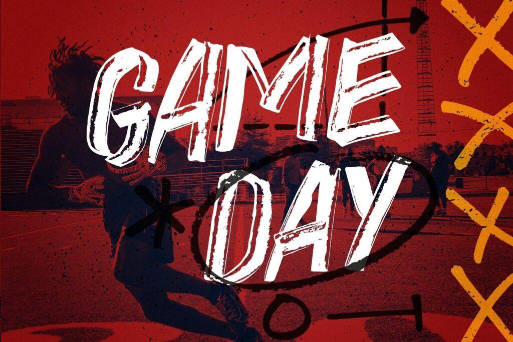 Game Day Font by Surplus Type Co., white hand-drawn brush capitals on red with yellow play diagram marks