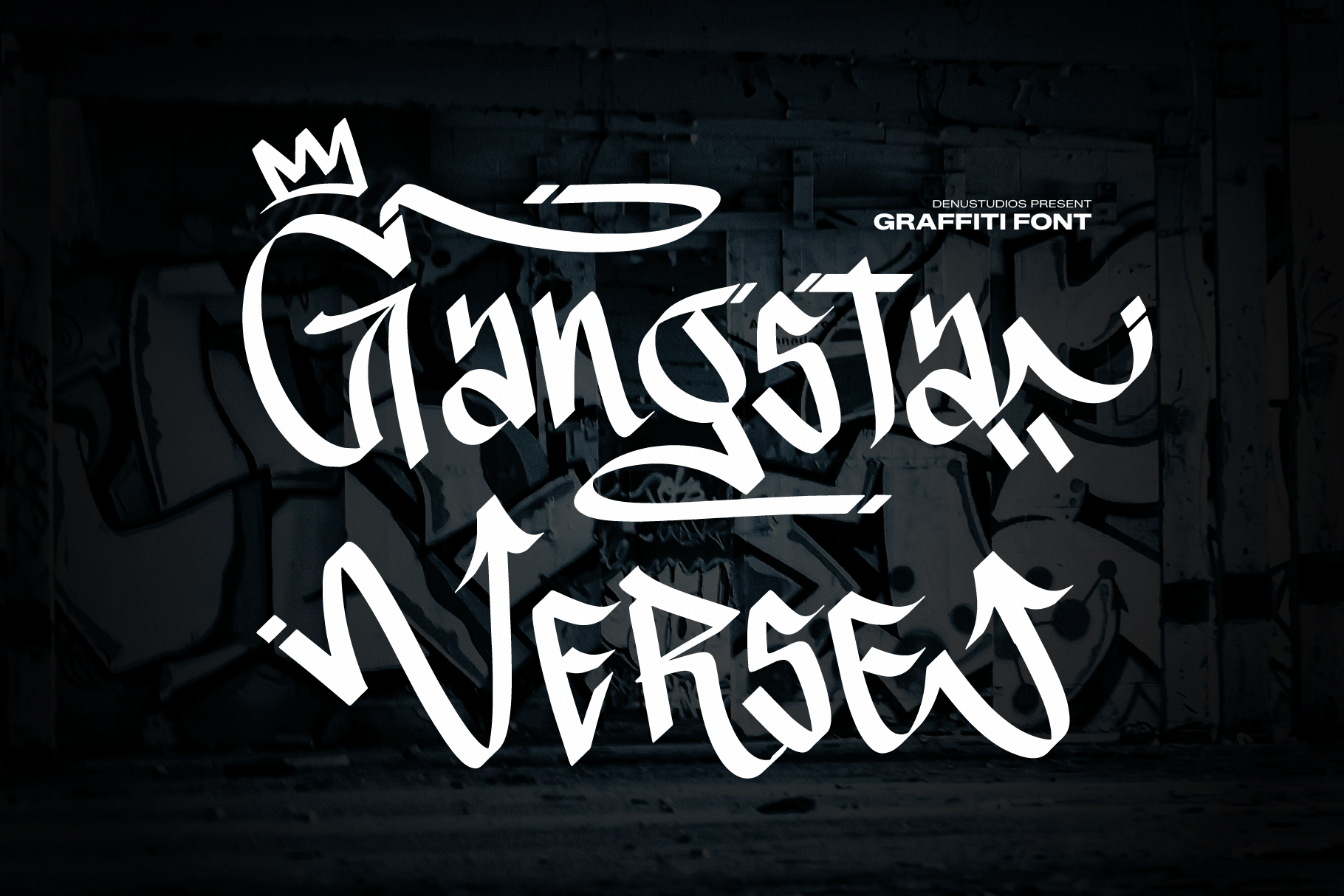 Gangsta Verse Font by Denustudios, thin white graffiti tag lettering with a crown font preview