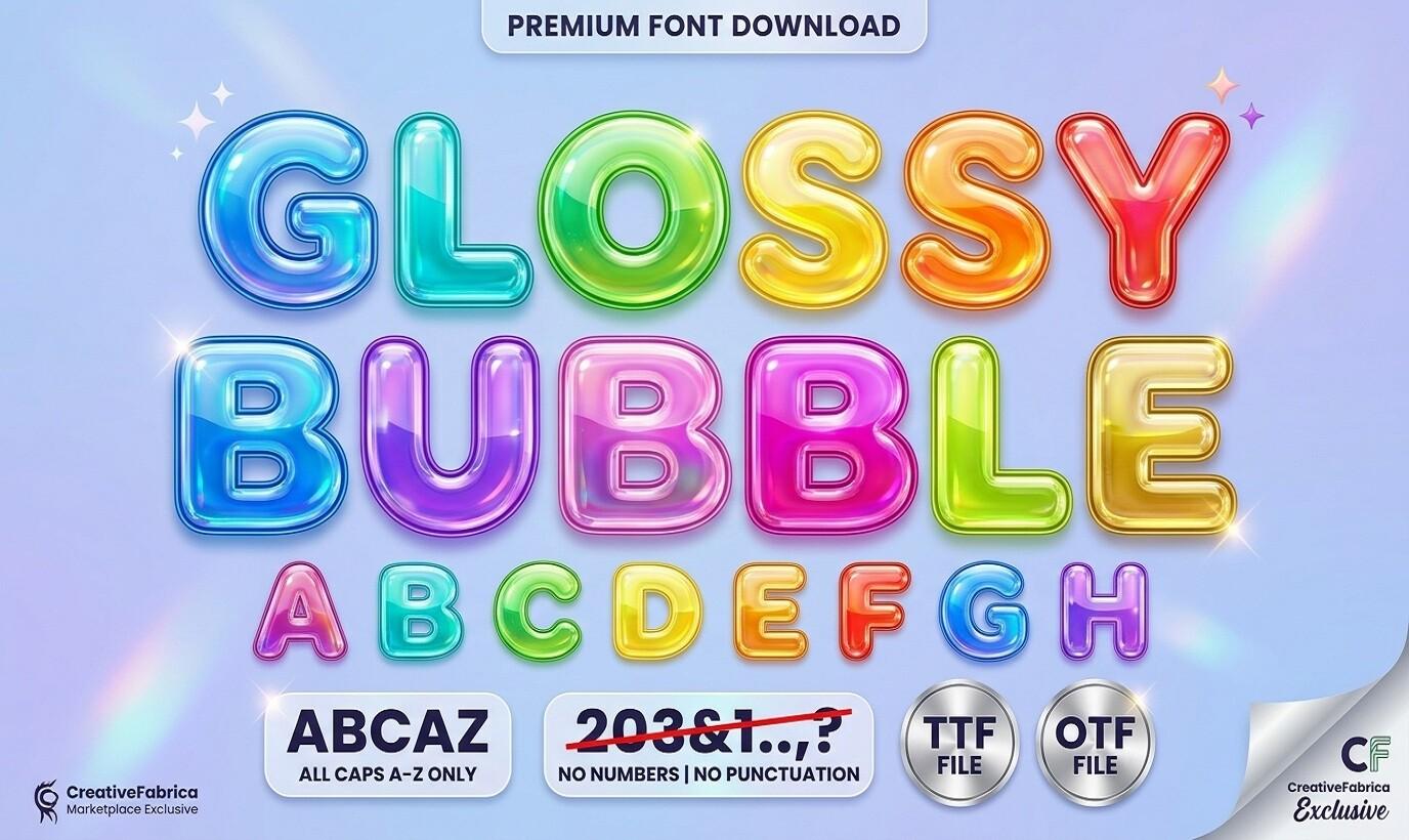 Glossy Bubble Font by Raholco, rainbow glossy bubble capitals font preview