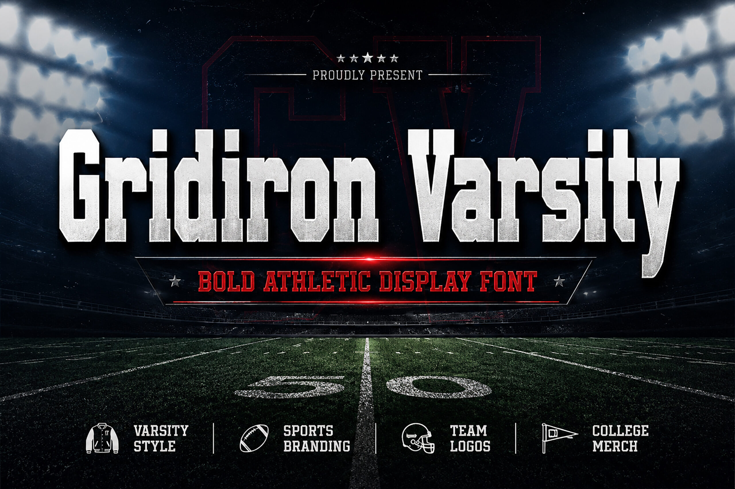 Gridiron Varsity Font by Wow Magic, tall varsity capitals over a dark stadium field with yard lines