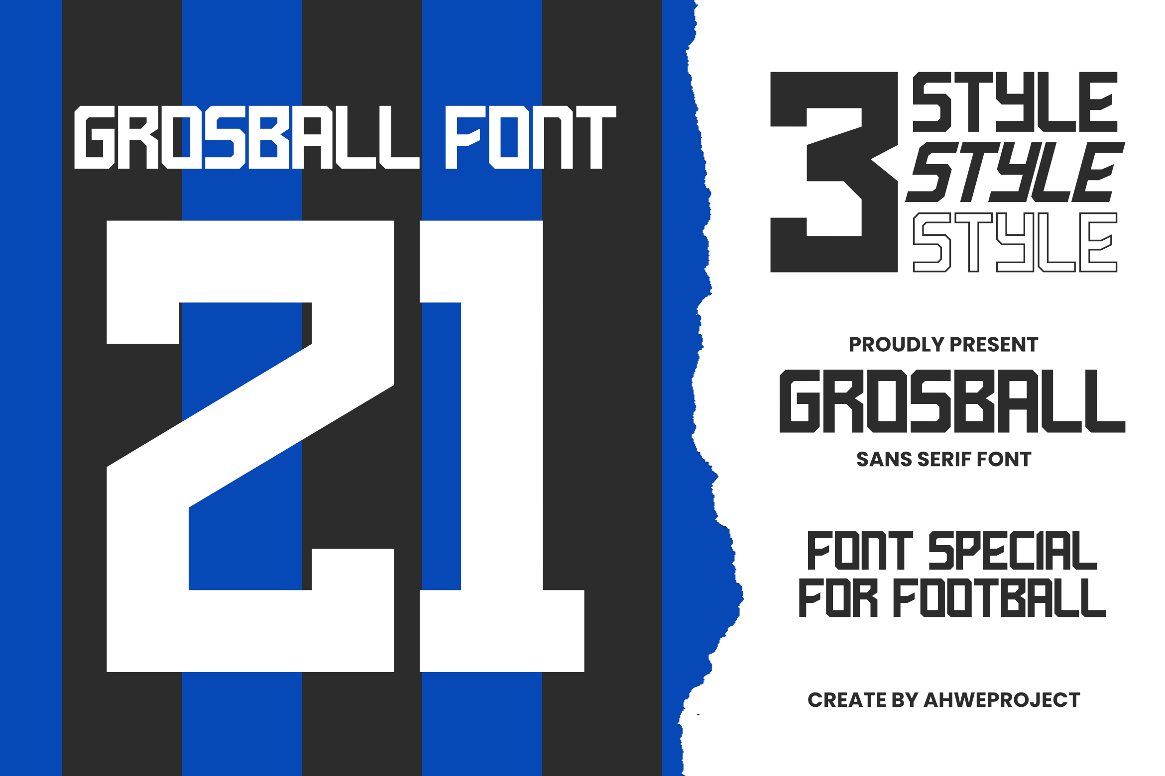 Grosball Font by ahweproject, modern sporty capitals with three styles over a blue background with a large 21