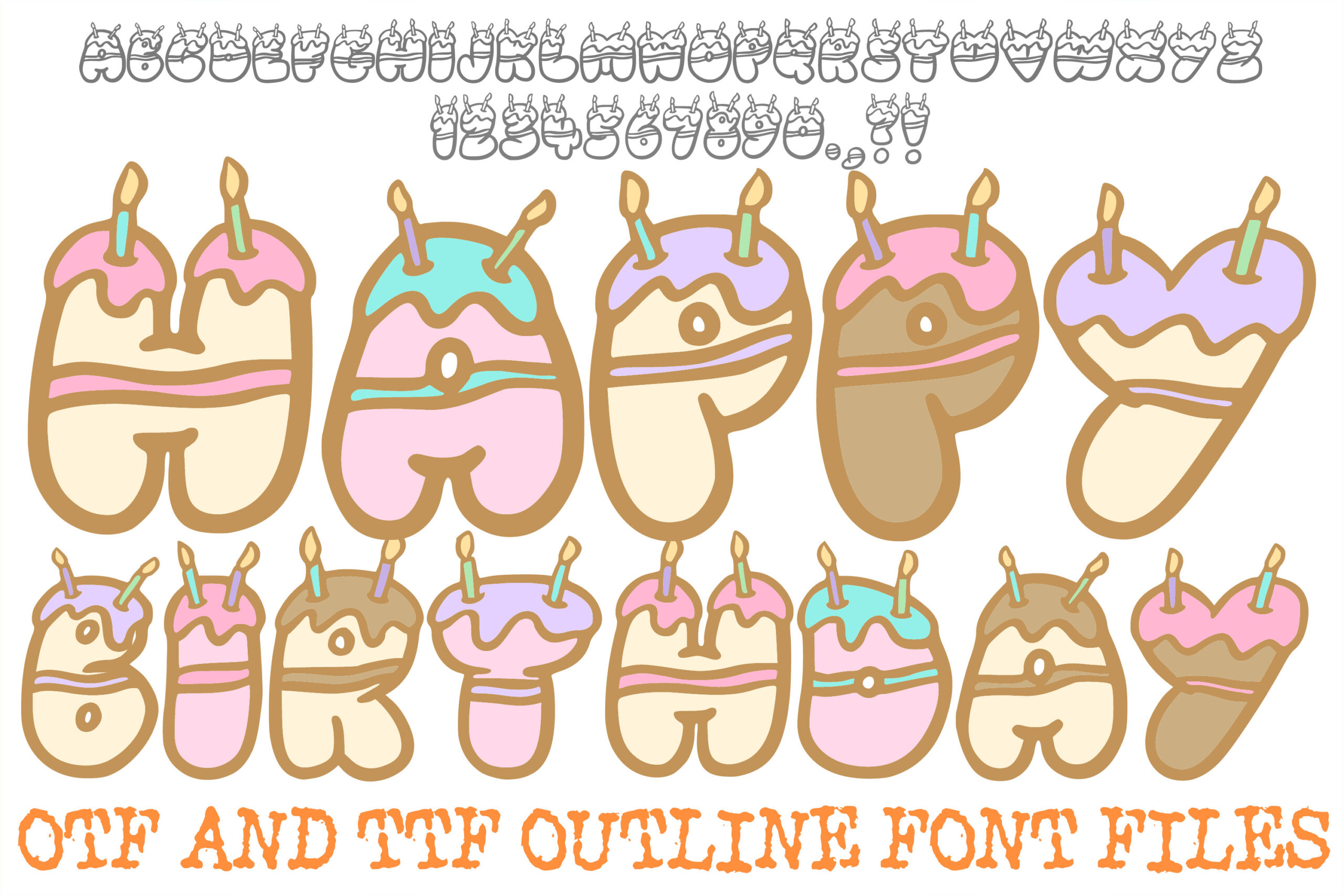 Happy Birthday Font by squeebcreative, outlined candle-style letters with pastel icing font preview
