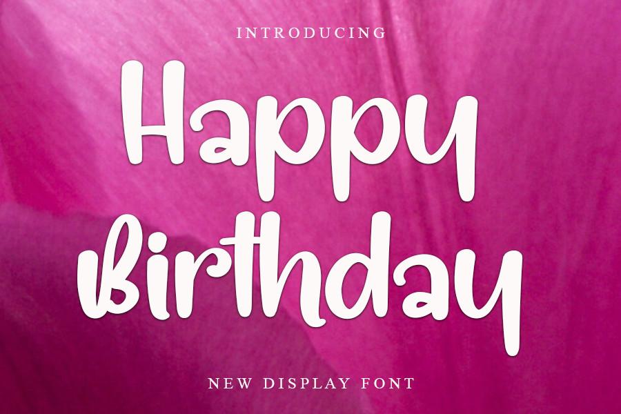 Happy Birthday Font by FreshTypeINK, thick soft brush lettering in white on magenta font preview