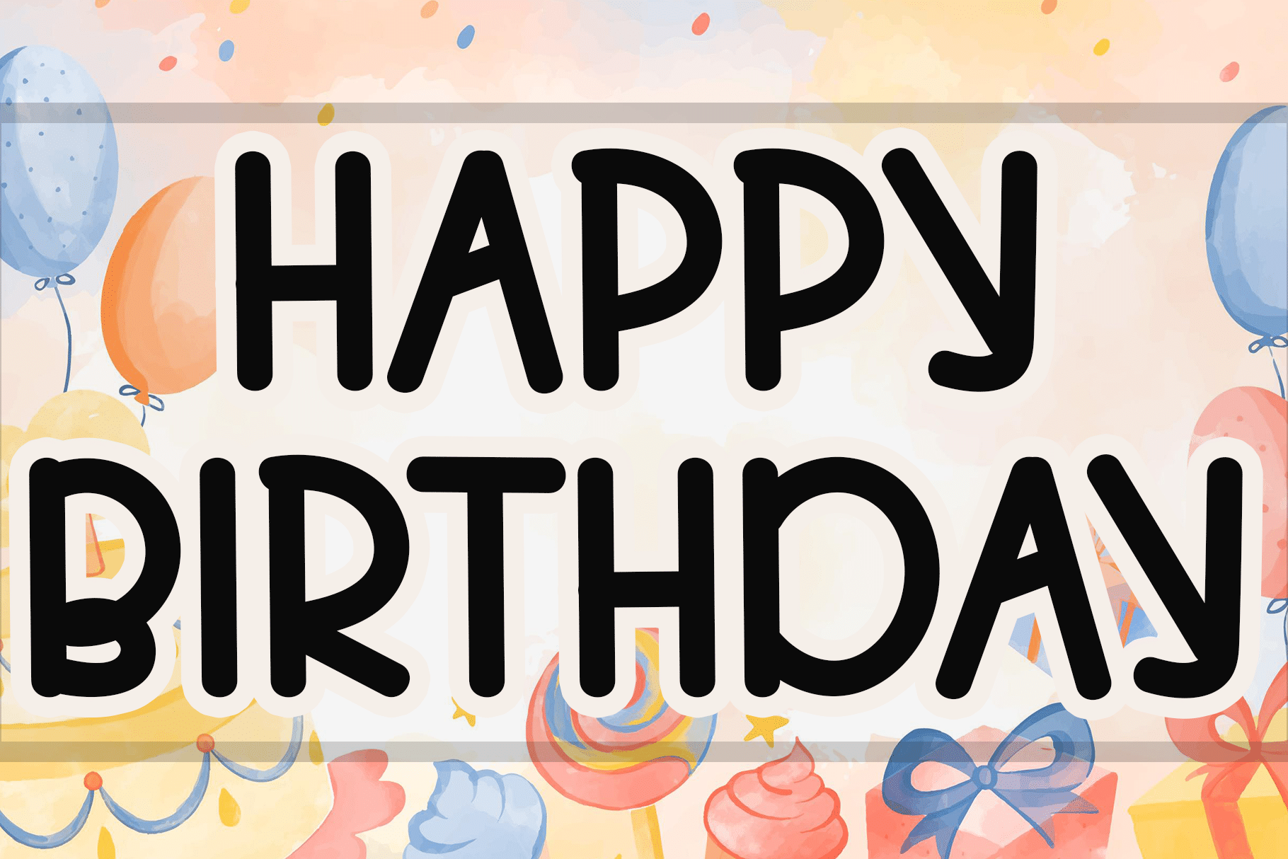 Happy Birthday Font by pinkmeca, heavy rounded capitals over a party illustration font preview