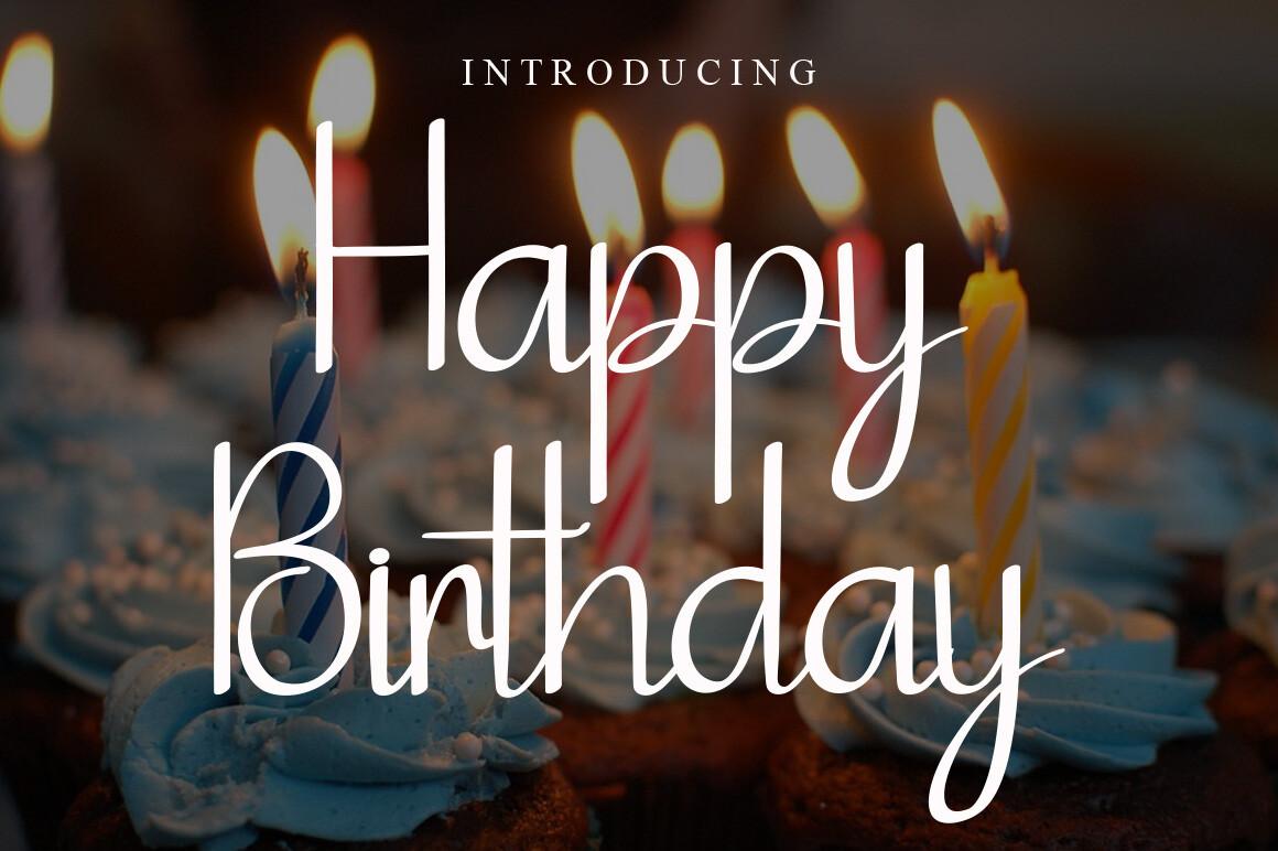Happy Birthday Font by Garcio, thin monoline white script over a candlelit photo font preview