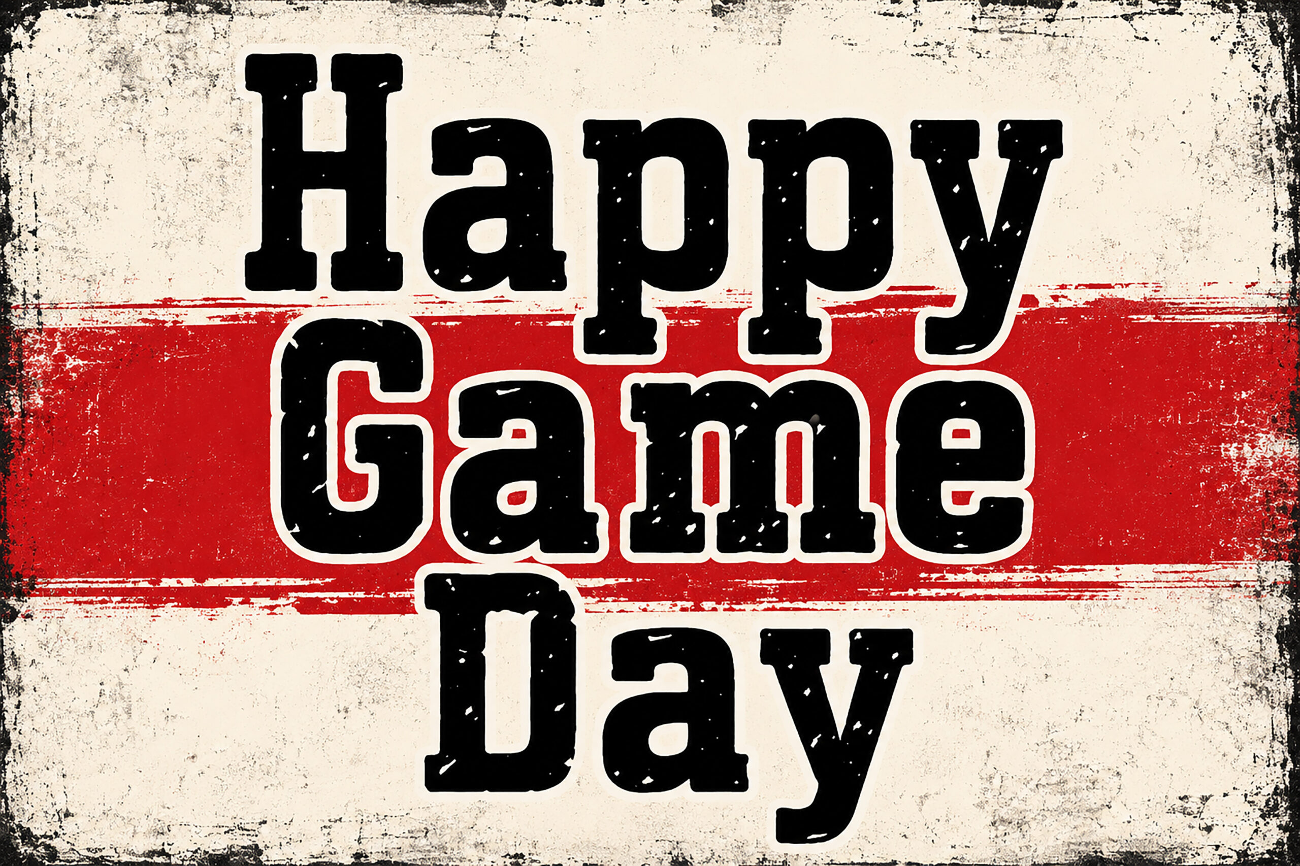 Happy Game Day Font by Bundle, heavy black slab capitals with a grit texture on a weathered cream background with a red band