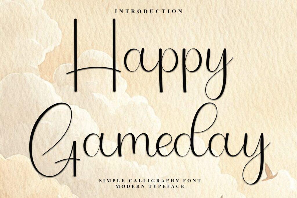 Happy Gameday Font by K_IN Studio, thin looping handwritten script on a cream background