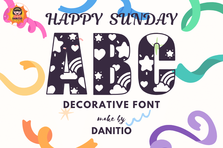 Happy Sunday Font by danita.kukkai, black serif capitals filled with hearts, stars and rainbows font preview