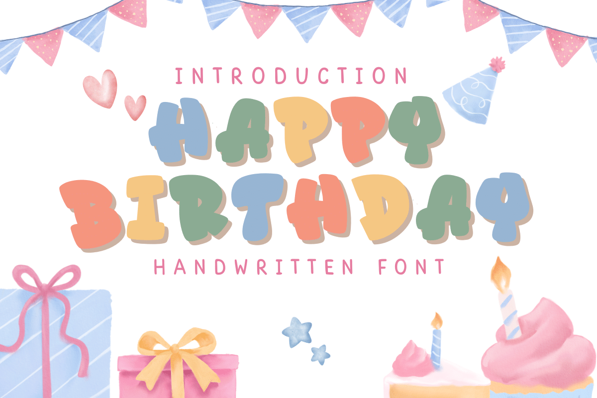Happy Birthday Font by Natchuta, puffy pastel capitals with party bunting font preview