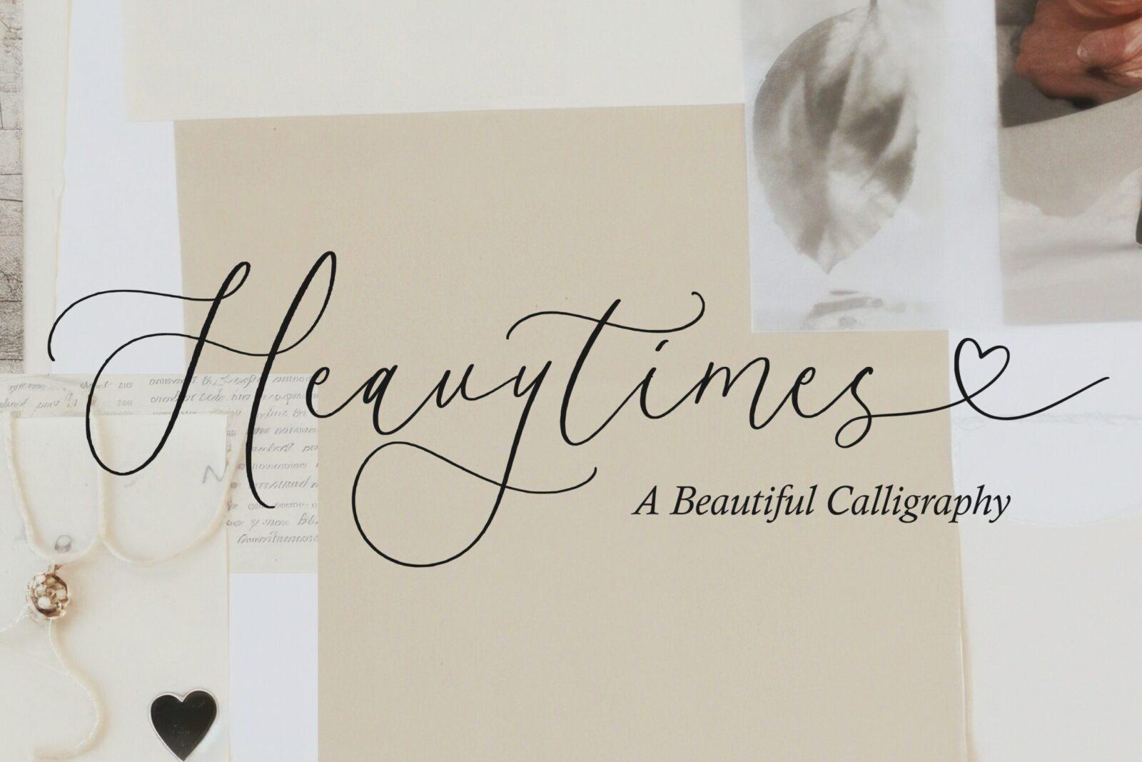Heavytimes Font by Balpirick, tall thin calligraphy with a heart on a scrapbook background font preview