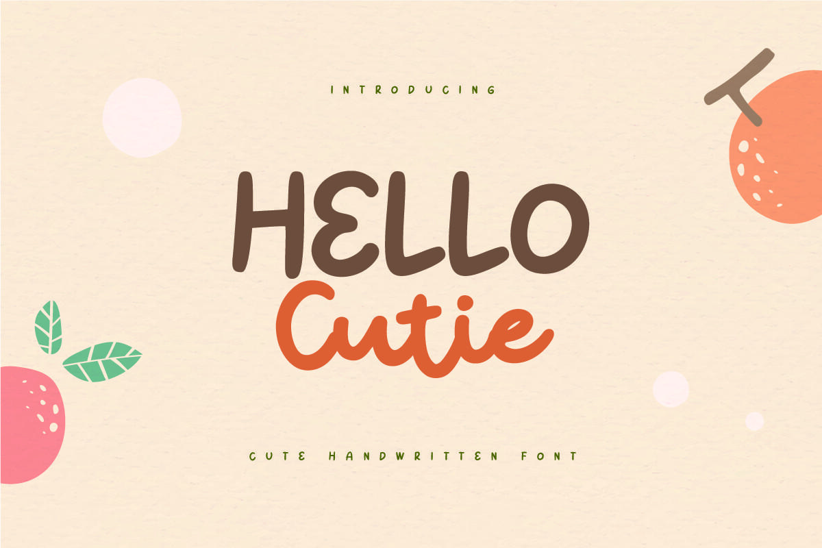 Hello Cutie Font by sensatype, brown capitals with orange lowercase handwriting font preview