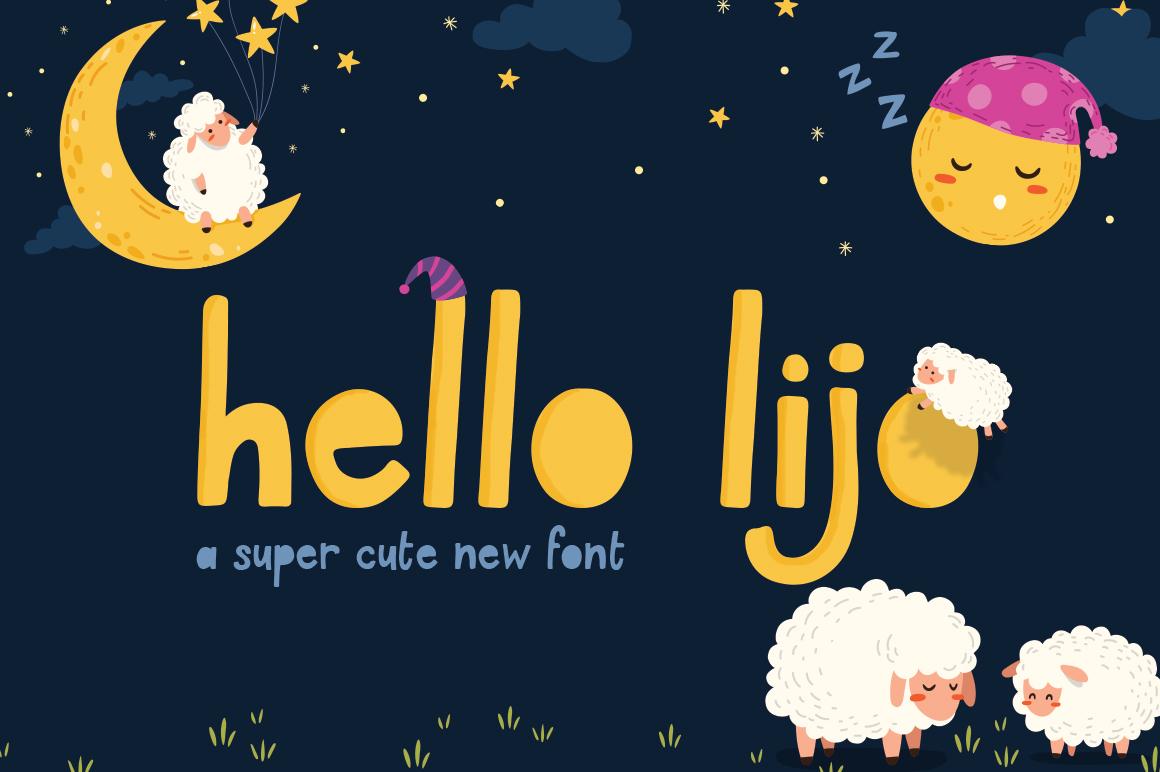 Hello Lijo Font by Salt and Pepper Fonts, rounded yellow lowercase letters with a sleepy moon and sheep font preview