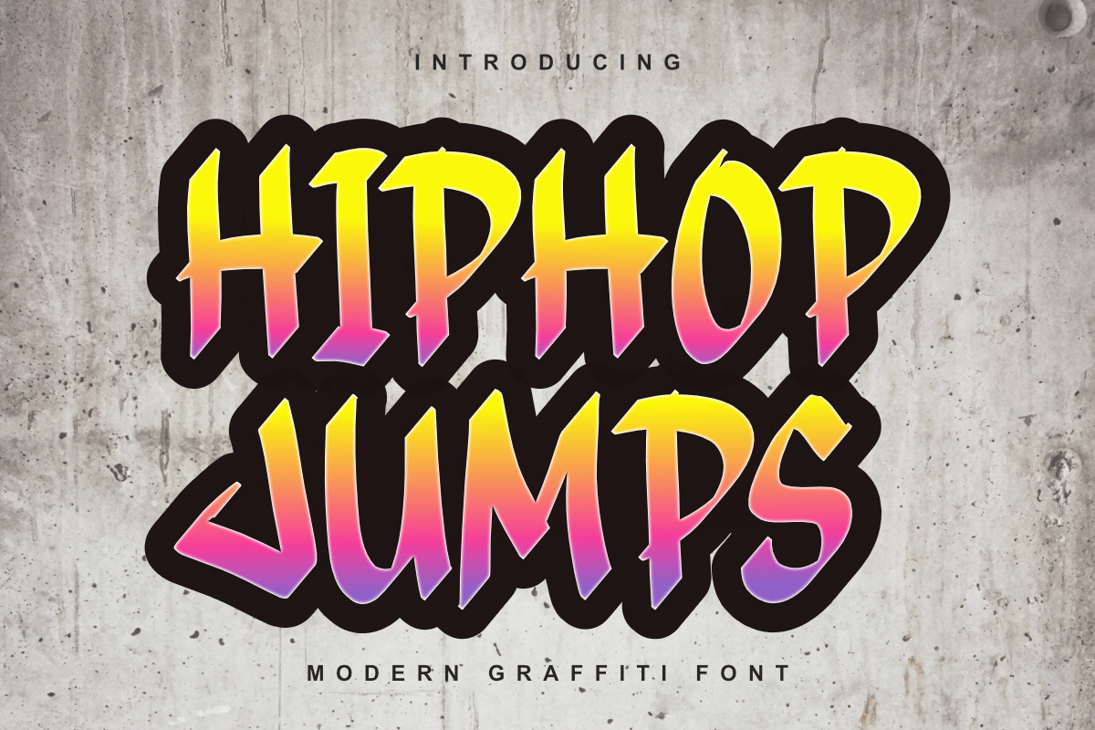 Hiphop Jumps Font by CraftedType Studio, tall bold graffiti letters with a yellow-to-pink gradient font preview