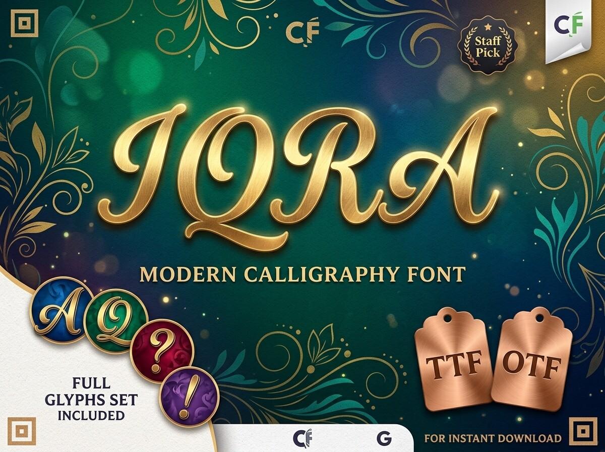 Iqra Font by Raholco, modern calligraphy font preview