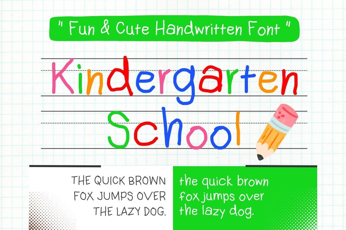 Kindergarten School Font by DrextorLetters, crayon-like multicolor handwriting on lined paper font preview
