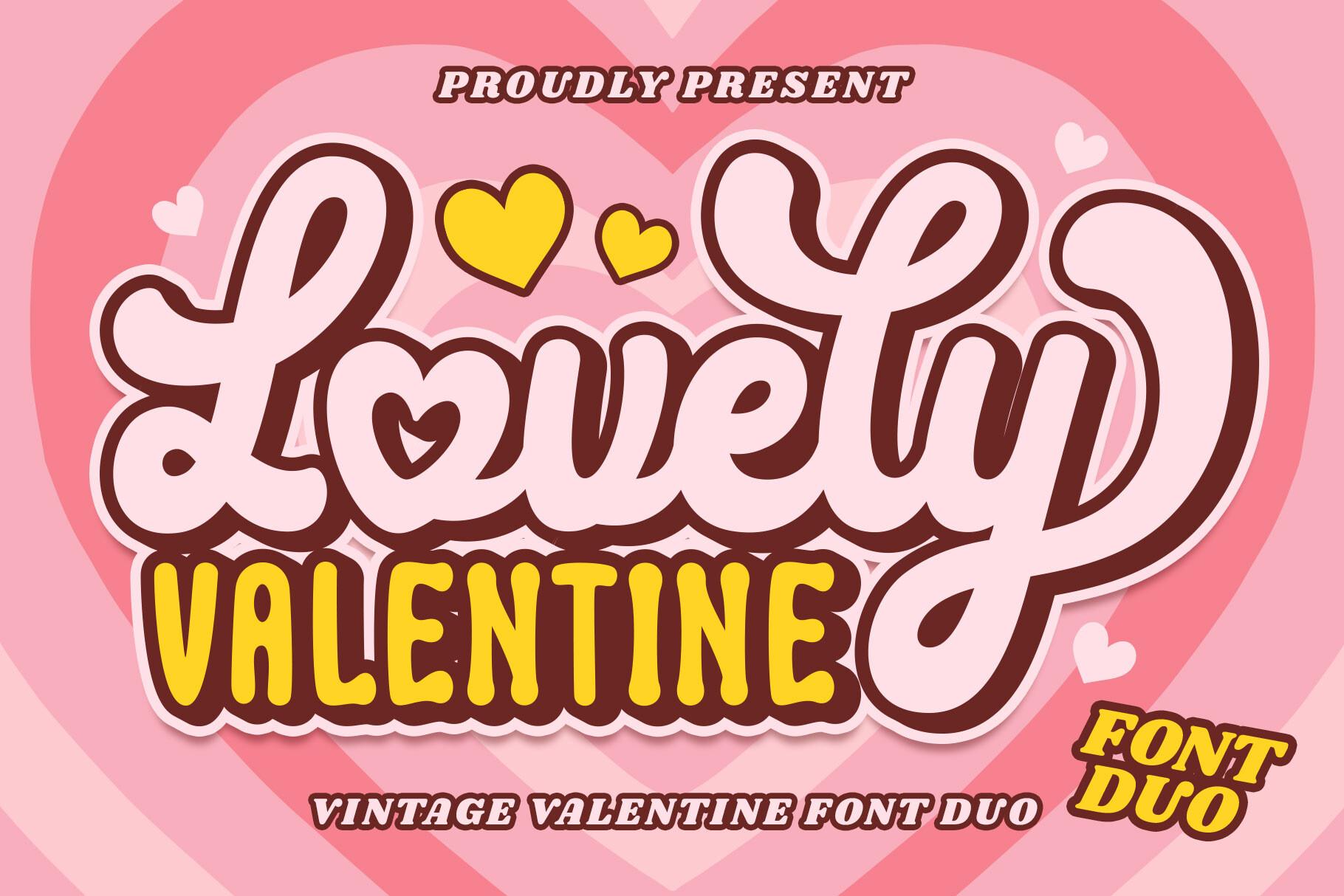 Lovely Valentine Font by Hoperative Design, fat retro script and bold font duo with yellow hearts font preview