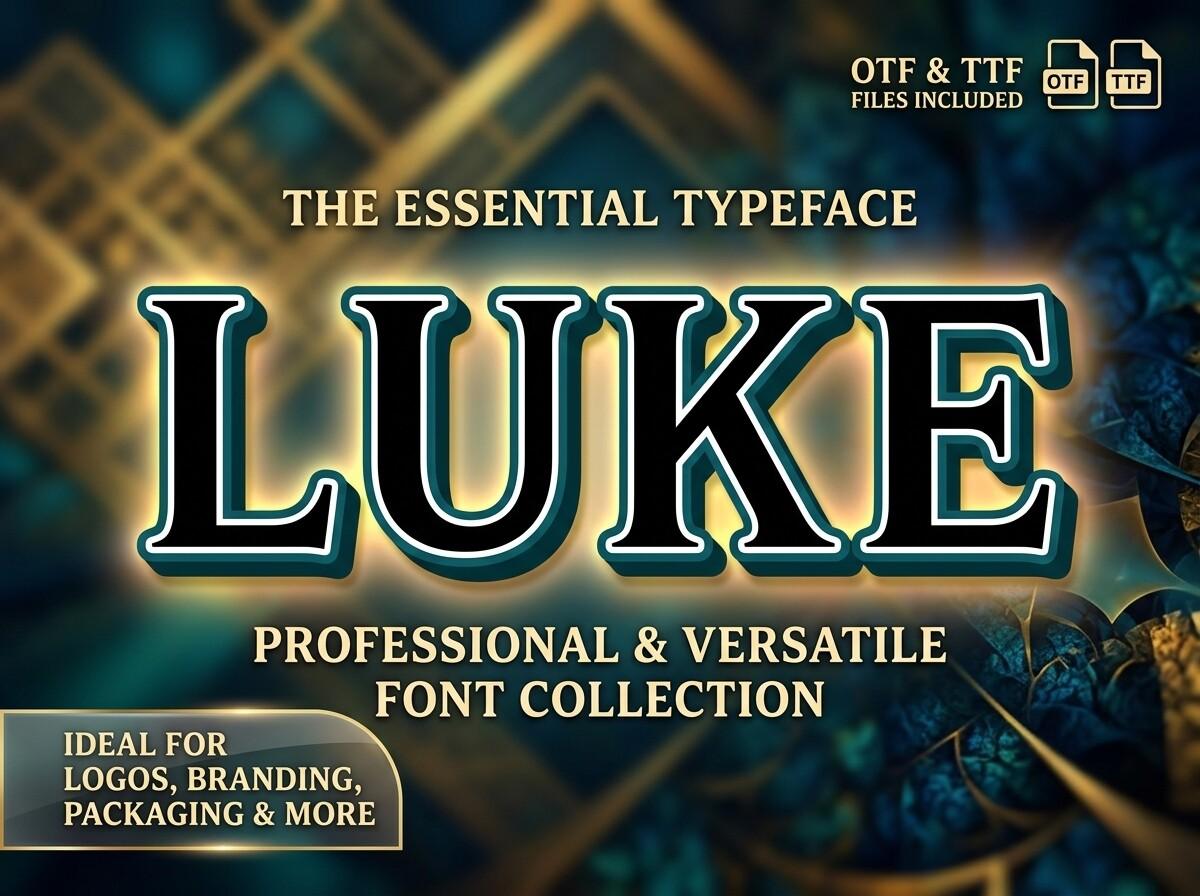 Luke Font by lawboomer, Luke Font, a vintage-inspired varsity block font with a dual-tone gradient look