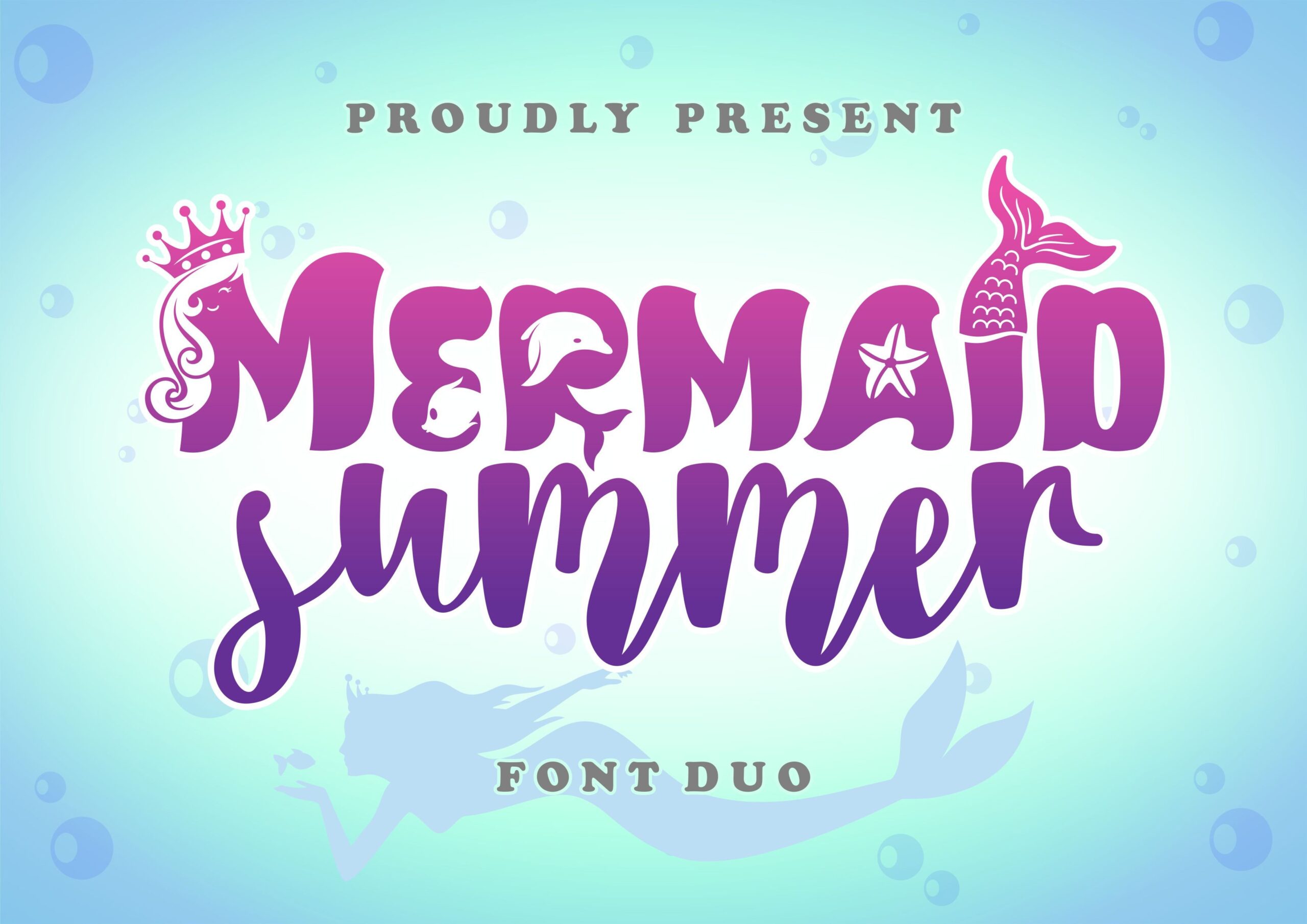 Mermaid Summer Duo Font by Tedha Studio, purple gradient mermaid script and bold font duo font preview